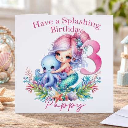 Personalised Mermaid First Birthday Card, 6x6" Square