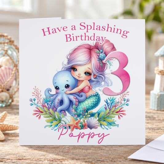 Personalised Mermaid First Birthday Card, 6x6" Square