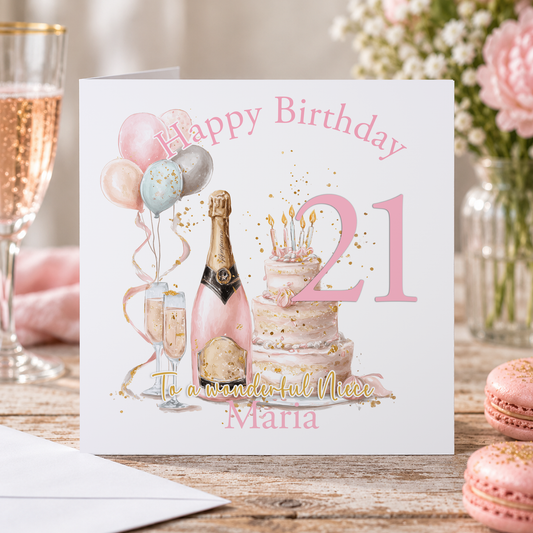 Personalised Milestone Birthday Card – Pink Champagne & Cake Design