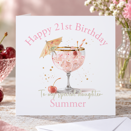 Personalised Milestone Birthday Card – Pink Gin Cocktail Design