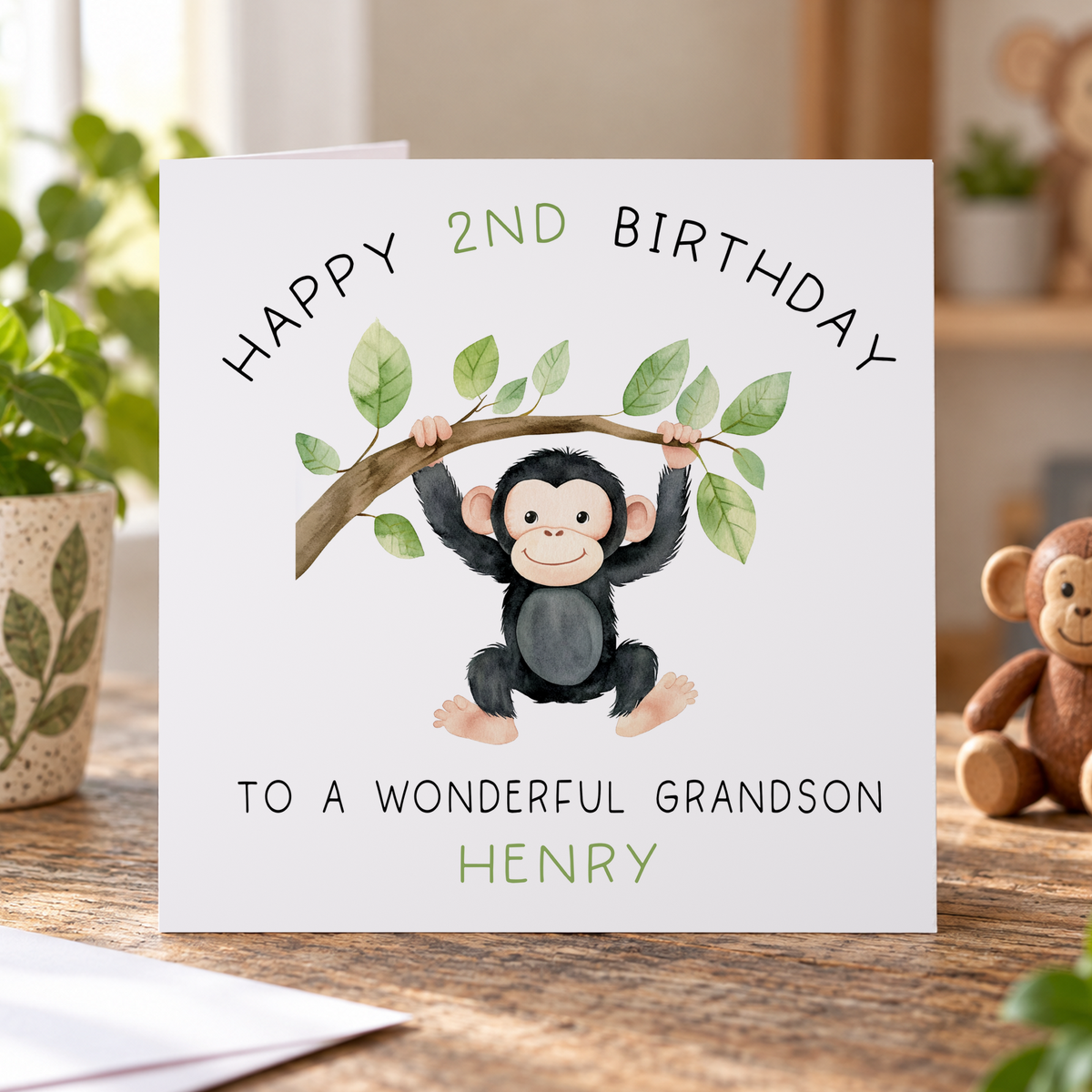 Personalised Monkey 2nd Birthday Card, Any Name & Relation, 6x6 Inch