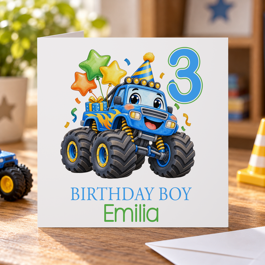 Personalised Monster Truck Birthday Card, Any Age & Name, 6x6 Inch