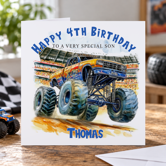 Personalised Monster Truck Birthday Card – Custom Name & Age on Premium Card
