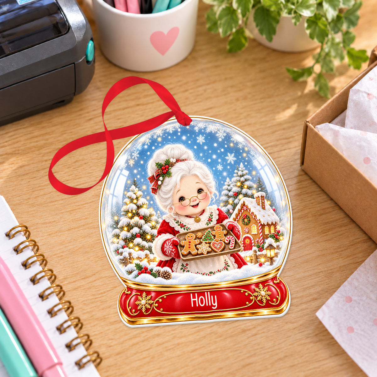 Personalised Mrs Claus baking snow globe bauble with name, white acrylic Christmas decoration with ribbon, shown on a desk