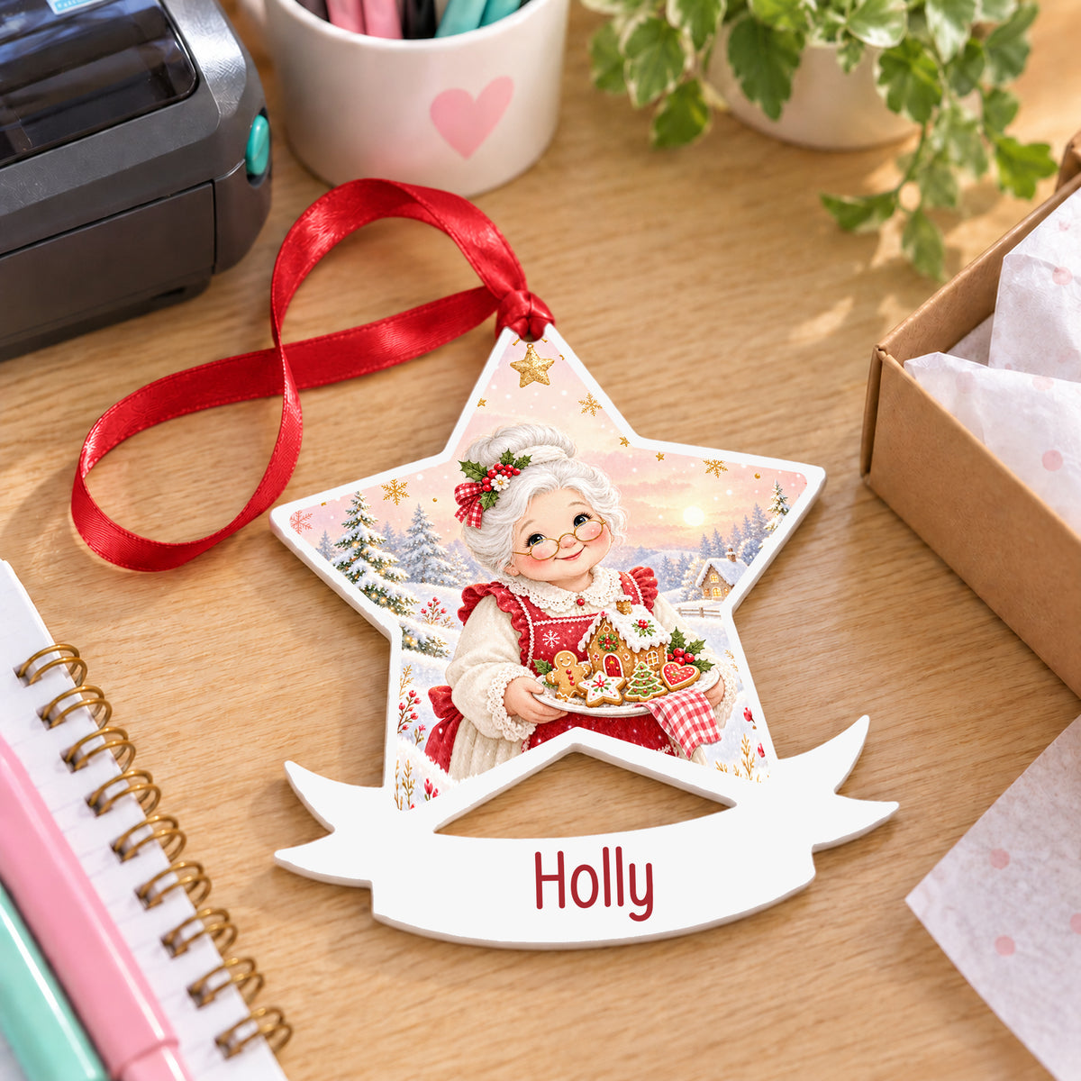 Personalised Mrs Claus baking white acrylic star bauble with name, 10cm Christmas decoration with ribbon, shown on a desk