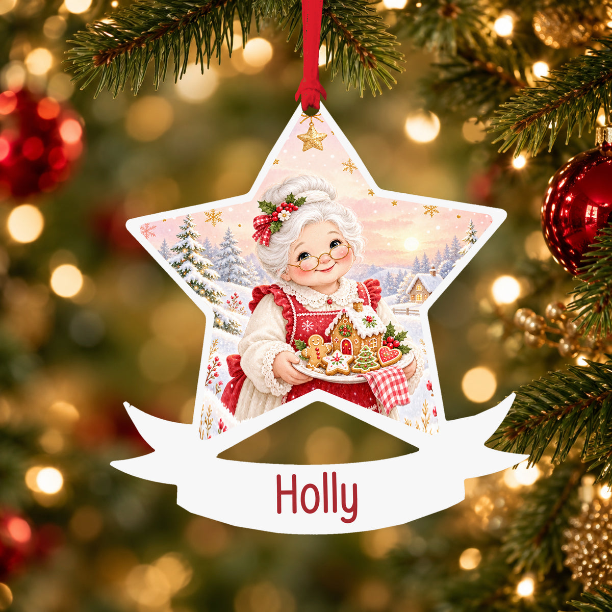 Personalised Mrs Claus baking acrylic star Christmas bauble with custom name, hanging on a Christmas tree with red ribbon