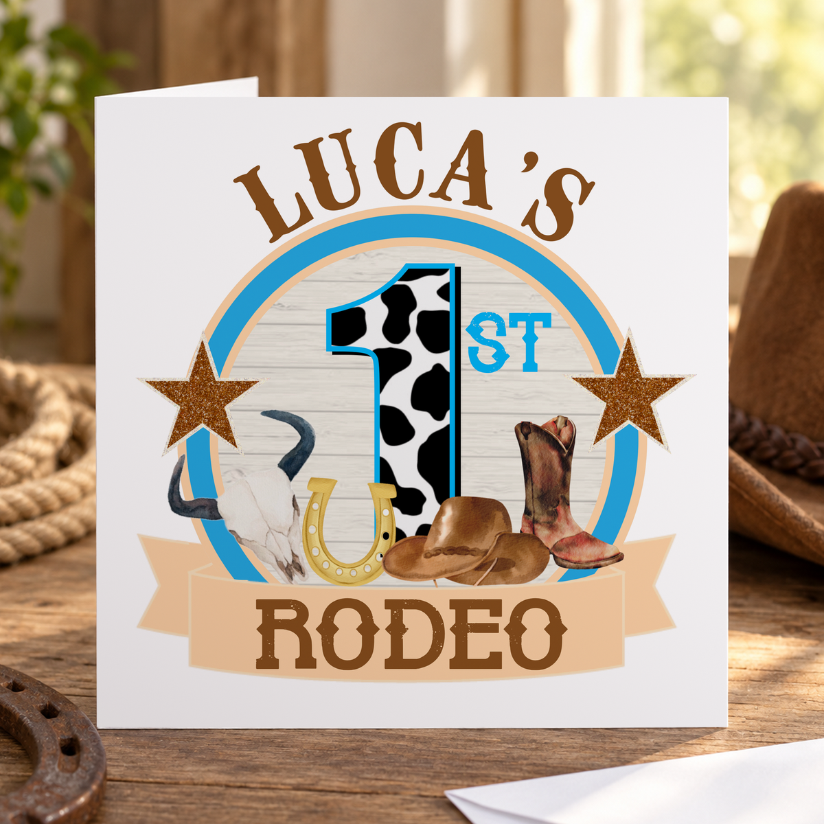 Personalised My First Rodeo 1st Birthday Card, Cowboy Boots, Any Name, 6x6 Inch