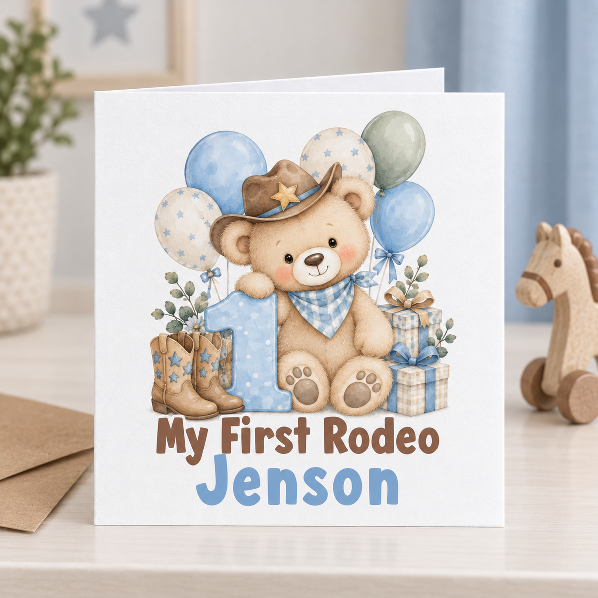 Personalised My First Rodeo 1st Birthday Card, Cowboy Teddy, Any Name, 6x6 Inch