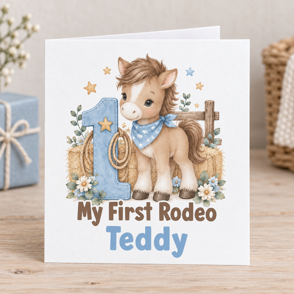 Personalised My First Rodeo 1st Birthday Card, Pony, Any Name, 6x6 Inch
