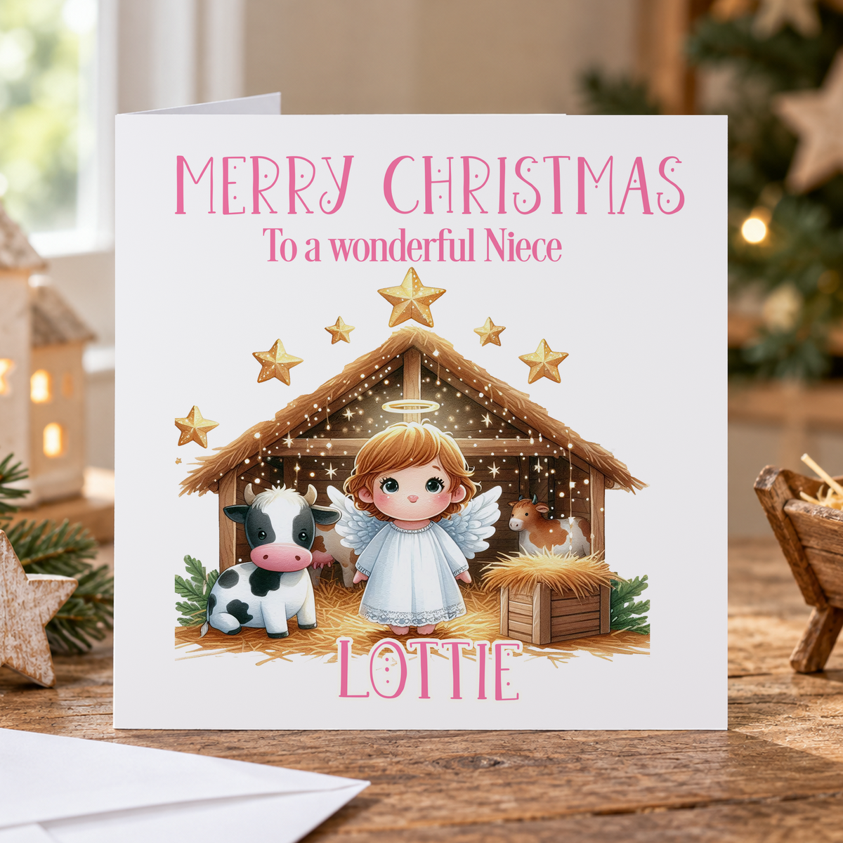 Personalised Nativity Christmas Card, Any Name & Relation, 6x6 Inch