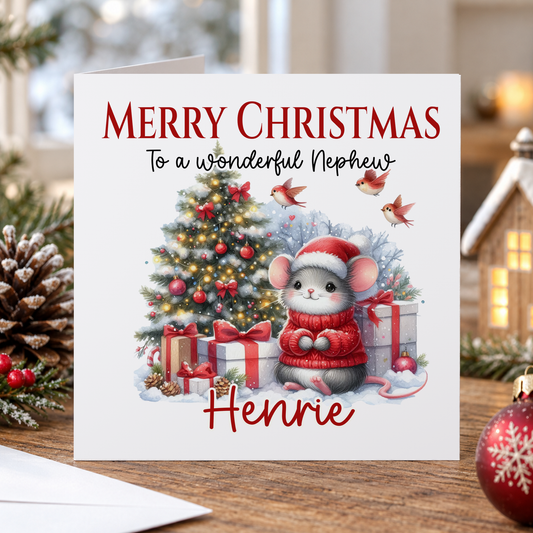 Personalised Nephew Christmas Card – Decorated Tree, Mouse & Presents, 6x6