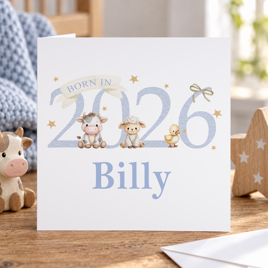 Personalised Newborn Card – Blue Rustic Farm Animal Welcome