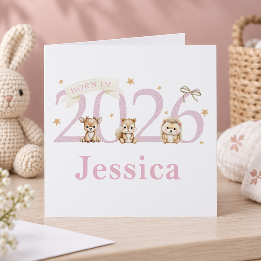 Personalised Newborn Card – Pink Woodland Baby Girl Keepsake