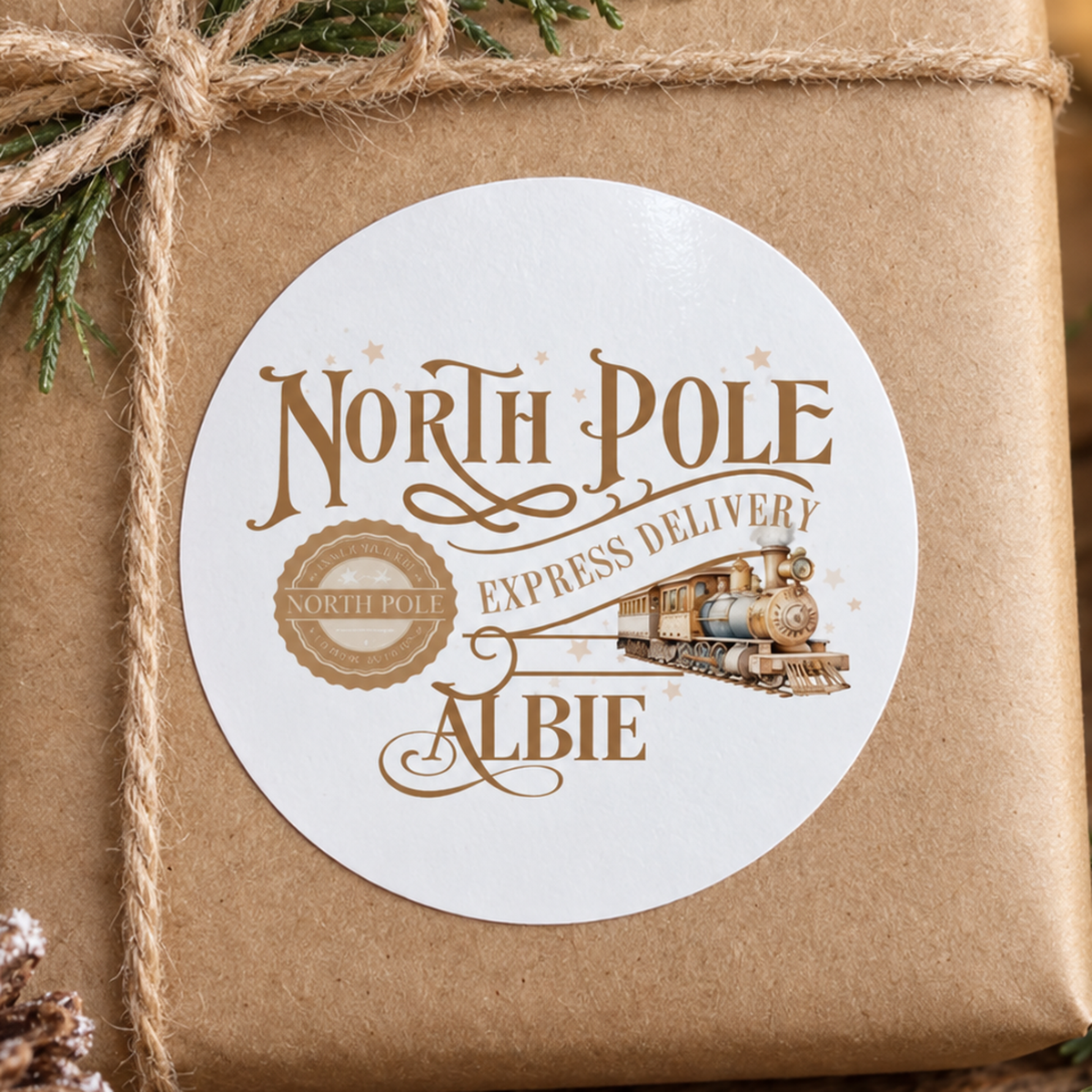 Personalised North Pole Express Christmas Stickers – Gold Vintage Train Labels, Custom Name
