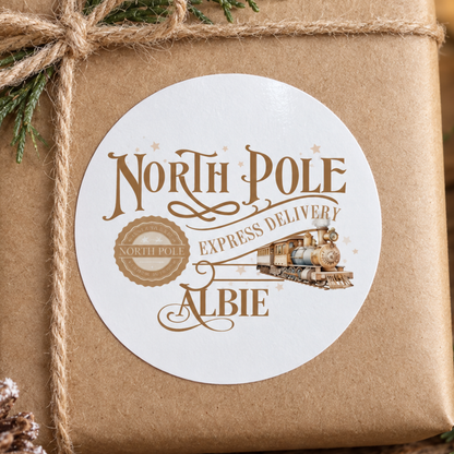 Personalised North Pole Express Christmas Stickers – Gold Vintage Train Labels, Custom Name
