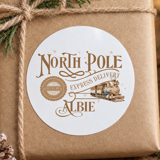 Personalised North Pole Express Christmas Stickers – Gold Vintage Train Labels, Custom Name