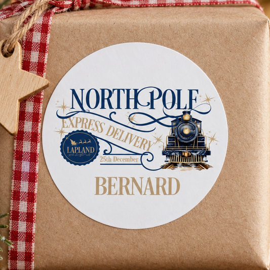 Personalised North Pole Express Christmas Stickers – Navy Train Gift Labels, Custom Name