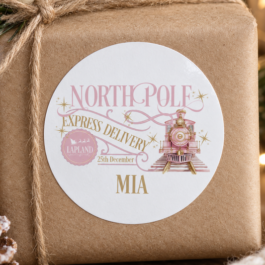 Personalised North Pole Express Christmas Stickers – Pretty Pink Labels, Custom Name