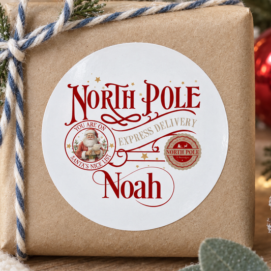 Personalised North Pole Express Christmas Stickers – Red Gift Labels, Any Name