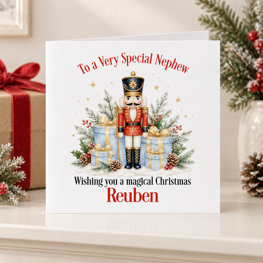 Personalised Nutcracker Christmas Card for Nephew – Red & Gold Soldier, 6x6