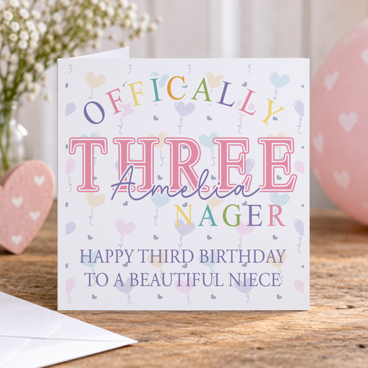 Personalised Officially a Three-nager 3rd Birthday Card, Any Name & Relation, 6x6 Inch