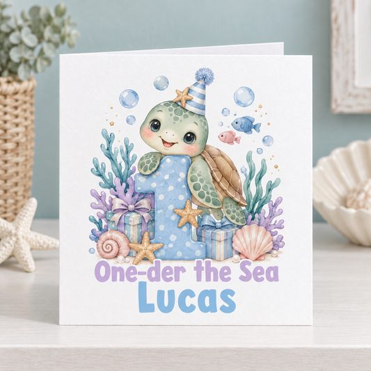 Personalised One-der the Sea 1st Birthday Card, Turtle Name Card, 6x6 Inch