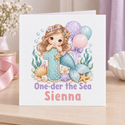 Personalised One-der the Sea Mermaid 1st Birthday Card, Any Name, 6x6 Inch