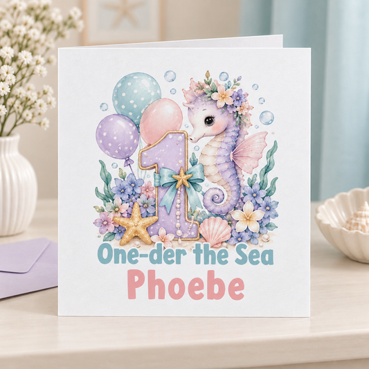 Personalised One-der the Sea Seahorse 1st Birthday Card, Any Name, 6x6 Inch