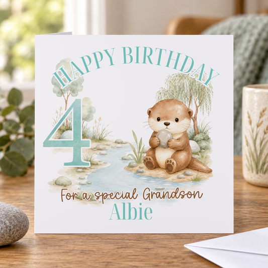 Personalised Otter Birthday Card – River Scene Design with Name, Age & Relation
