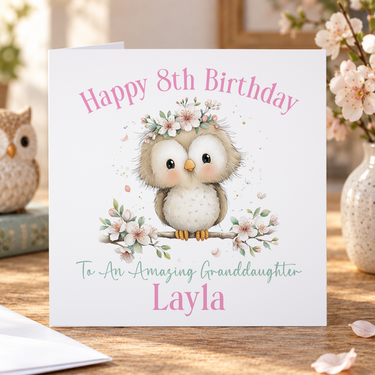 Personalised Owl Birthday Card – Floral Pastel Keepsake