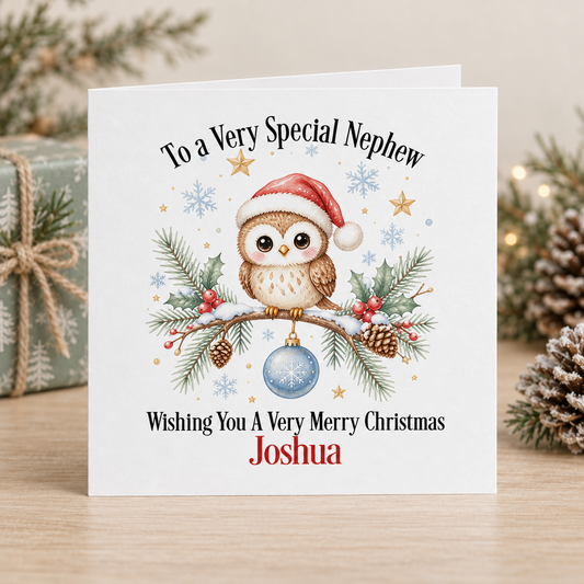 Personalised Owl Christmas Card – Nephew, Niece or Any Relation, 6x6 Square
