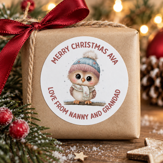 Personalised Owl Christmas Stickers – Cosy Glossy Round Gift Labels, Custom Name