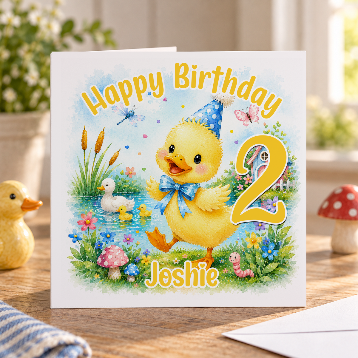 Personalised Party Duck Birthday Card, Any Age & Name, 6x6 Inch