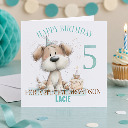 Personalised Party Puppy Birthday Card, Any Age, Name & Relation, 6x6 Inch