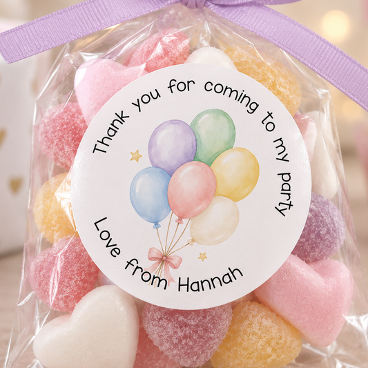 Personalised Pastel Balloon Stickers – Birthday Party Bag & Sweet Cone Tags