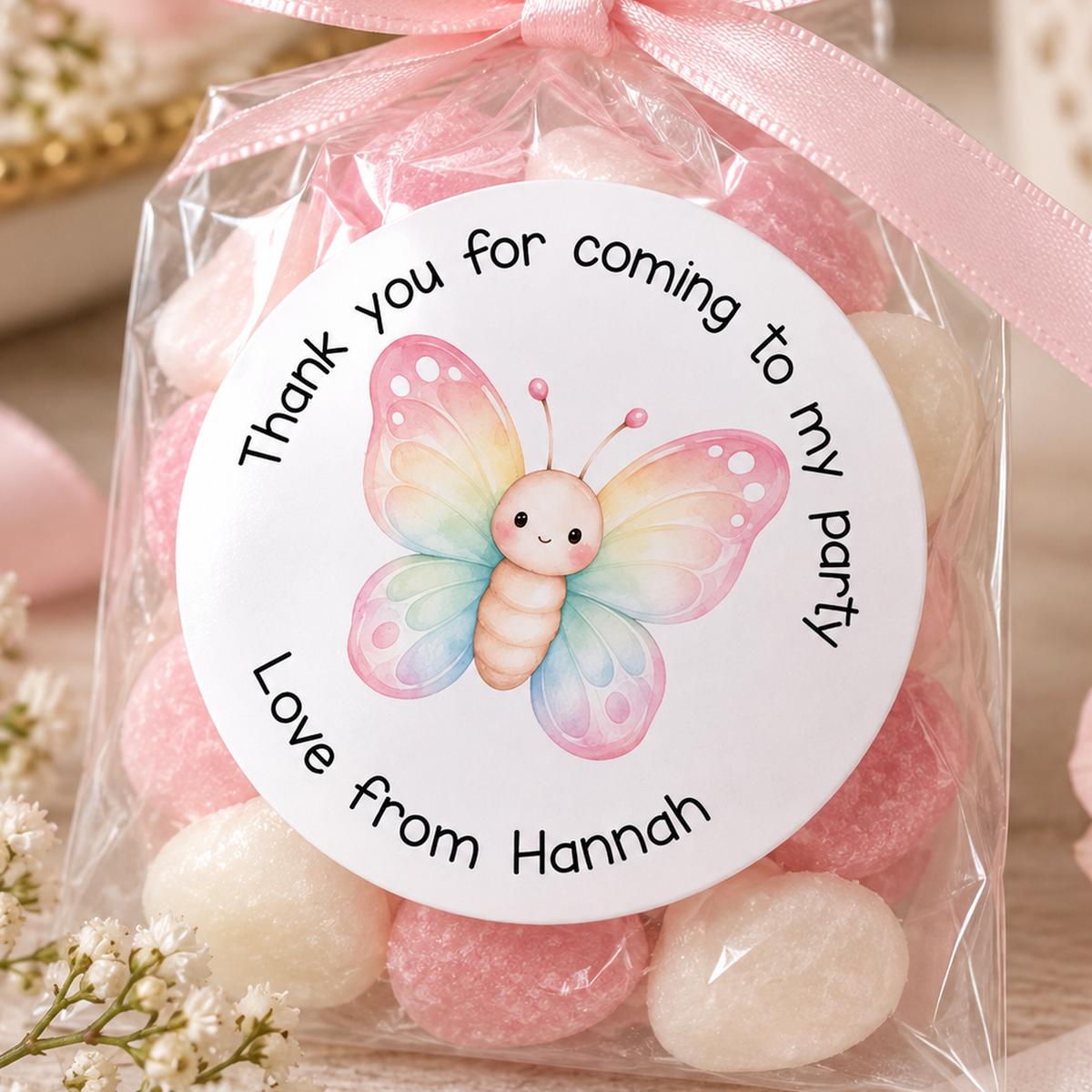 Personalised Pastel Butterfly Stickers – Custom Name Party Bag & Sweet Cone Labels