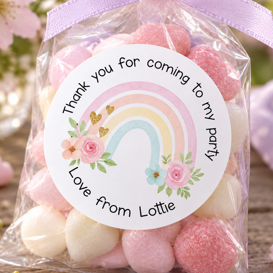 Personalised Pastel Rainbow Stickers — Sweet Cone & Party Bag Labels