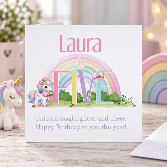 Personalised Pastel Rainbow Unicorn Birthday Card – Magical Keepsake for Girls