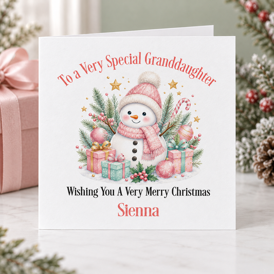 Personalised Pastel Snowman Christmas Card – Pink & Green Presents, Granddaughter