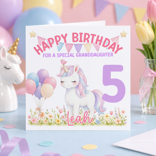 Personalised Pastel Unicorn Birthday Card, Any Age & Name, 6x6 Inch