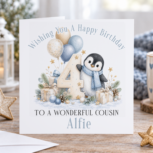 Personalised Penguin Birthday Card, Any Age, Name & Relation, 6x6 Inch