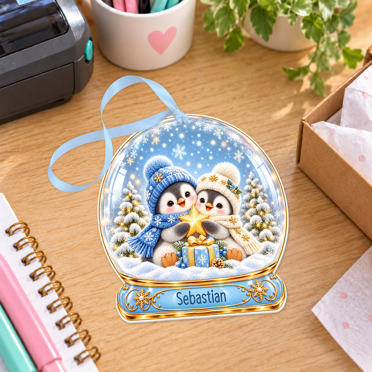 Personalised penguin buddies snow globe bauble with name, white acrylic Christmas decoration with ribbon, shown on a desk