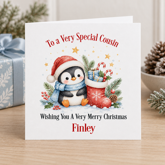 Personalised Penguin Christmas Card for Cousin – Santa Hat & Stocking, 6x6
