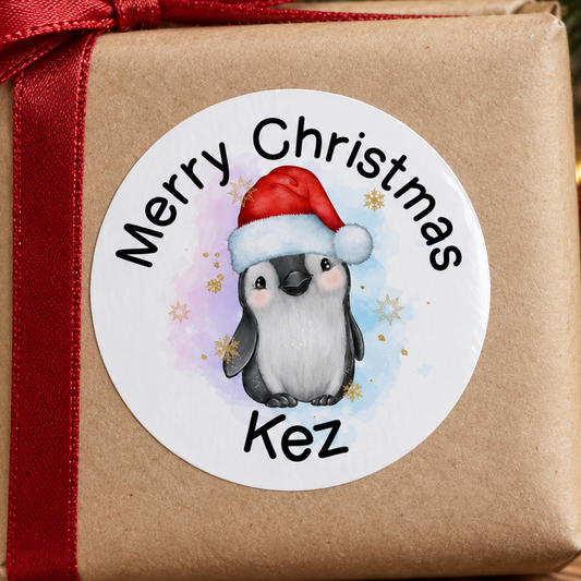 Personalised Penguin in a Santa Hat Christmas Stickers – Glossy Round Labels, Custom Name