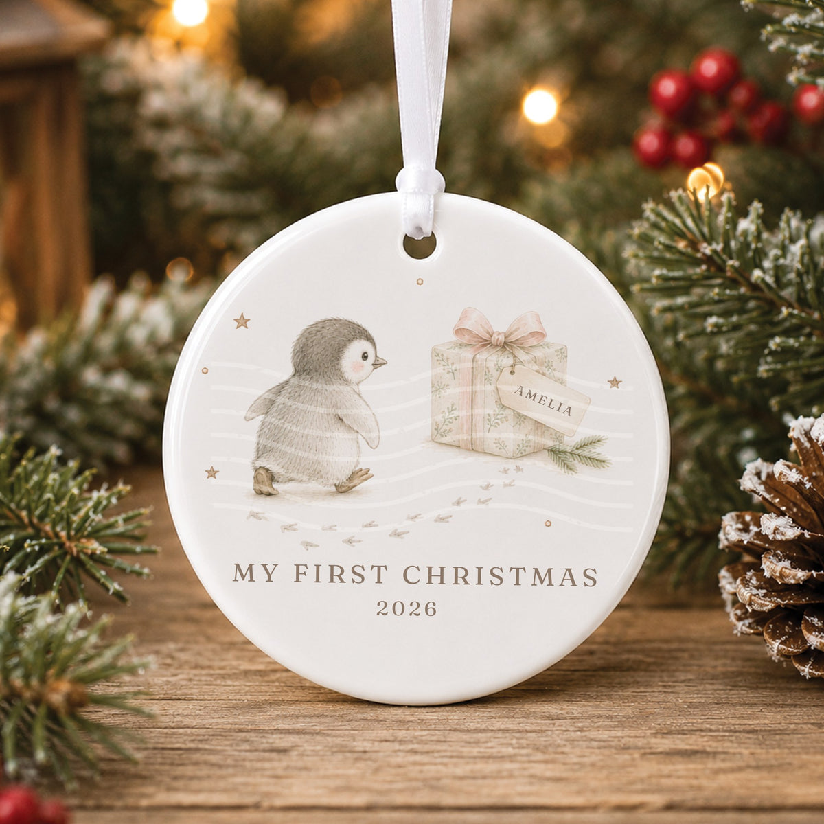Personalised white ceramic My First Christmas bauble with a baby penguin walking towards a present with a gift tag reading “Amelia”, and 2026