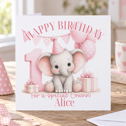 Personalised Pink Baby Elephant 1st Birthday Card, Any Name & Relation, 6x6 Inch