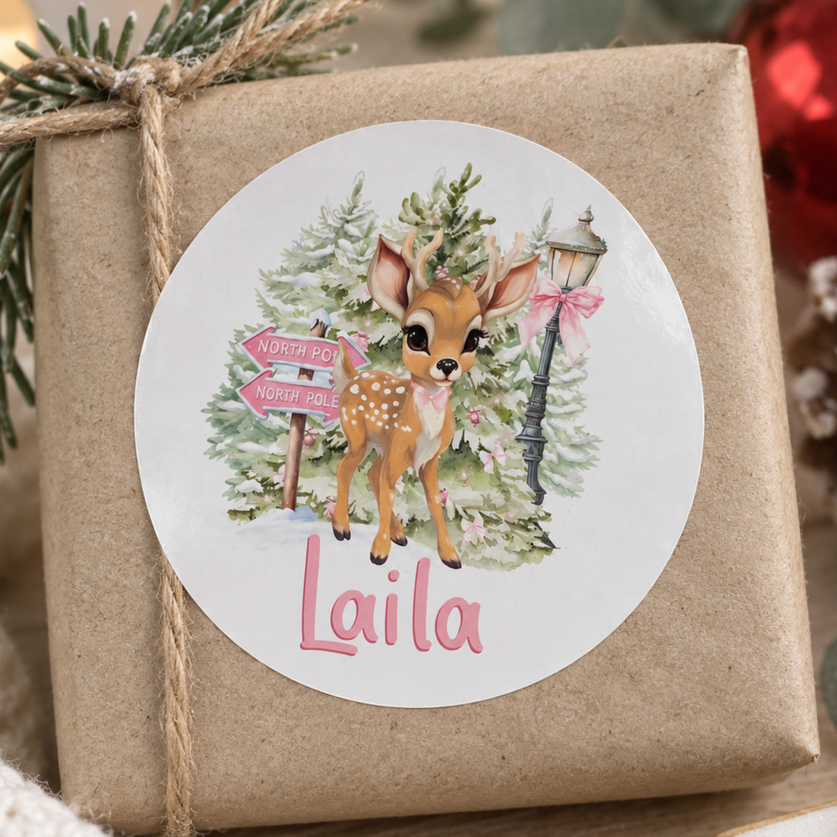 Personalised Pink Baby Reindeer Stickers – Sweet White Gloss Christmas Labels, Custom Name