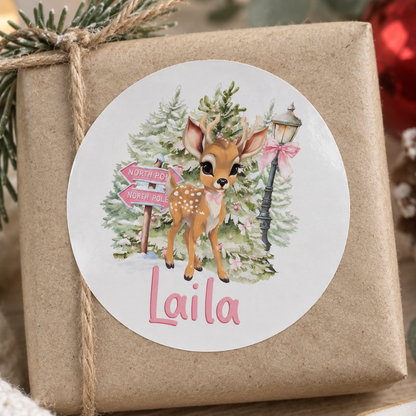 Personalised Pink Baby Reindeer Stickers – Sweet White Gloss Christmas Labels, Custom Name