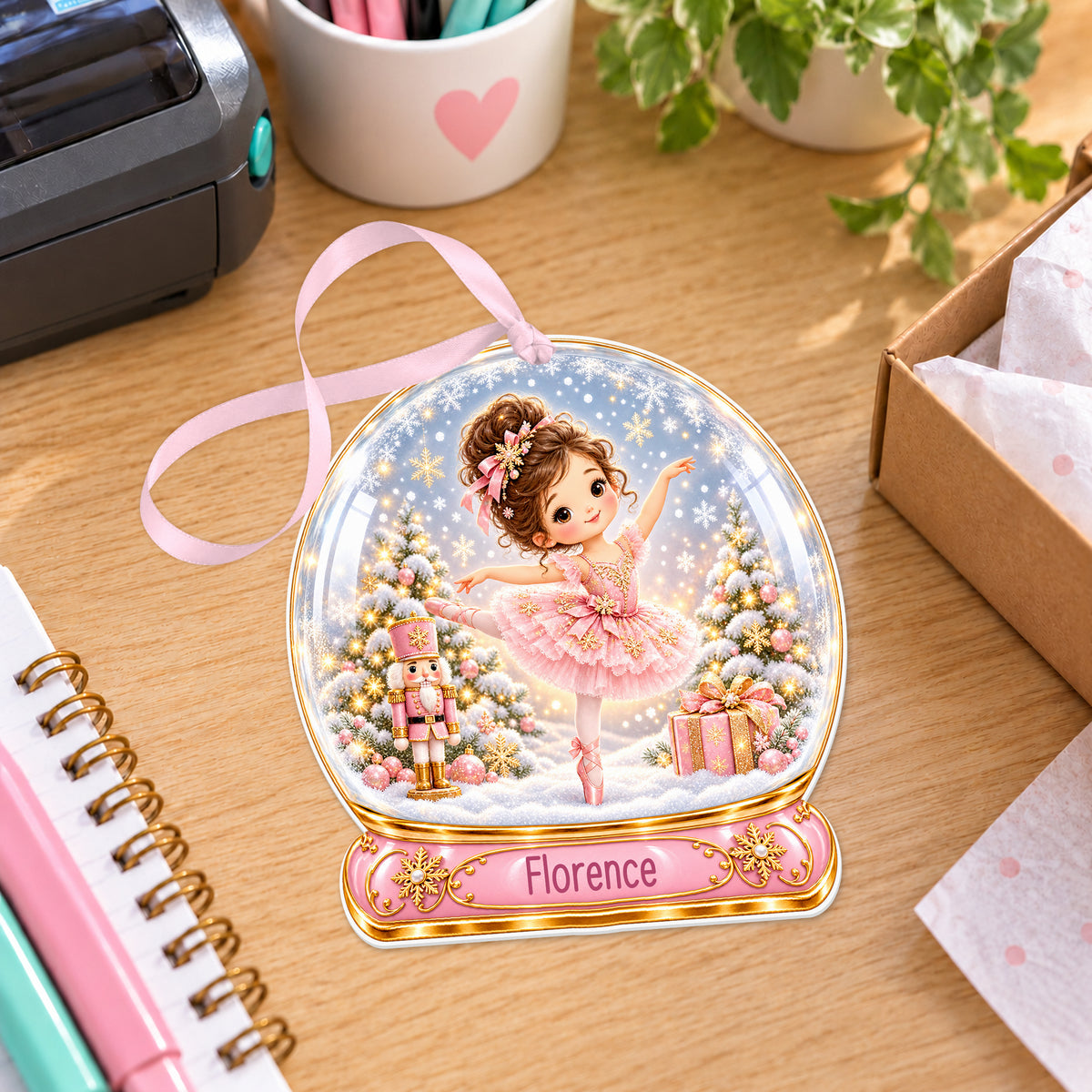 Personalised pink ballerina snow globe bauble with name, white acrylic Christmas decoration with ribbon, shown on a desk