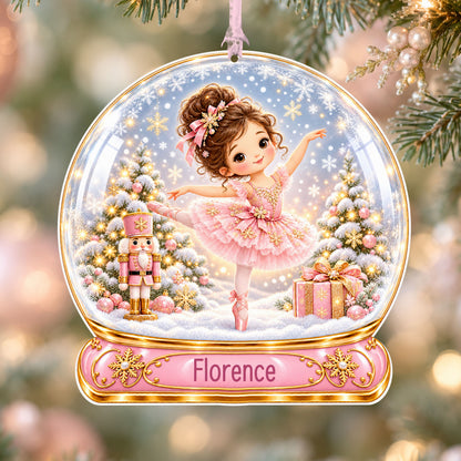 Personalised pink ballerina acrylic snow globe Christmas bauble with custom name, hanging on a Christmas tree with baby pink ribbon